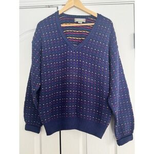 Retro Dotted Cotton  Navy Chunky Knit Crewneck Sweater Mens L USA Made Color Vtg